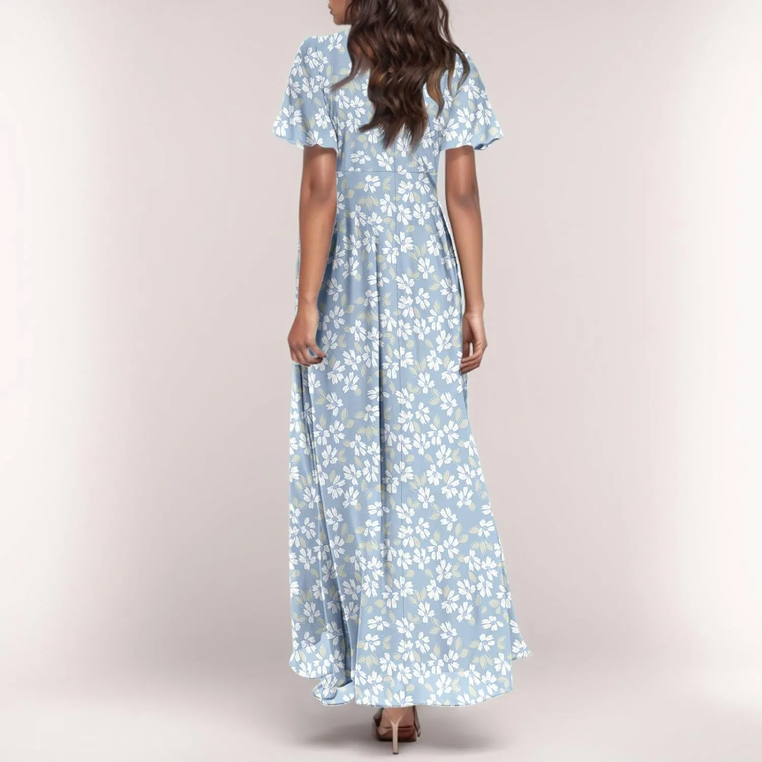 Women's Summer Wrap V Neck Long Maxi Dress Casual Boho Floral V Neck Short Sleeve Split Ladies Bohemian Dresses