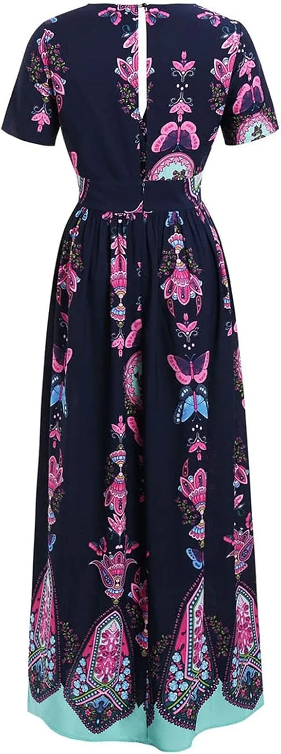 Women's Summer Wrap V Neck Long Maxi Dress Casual Boho Floral V Neck Short Sleeve Split Ladies Bohemian Dresses