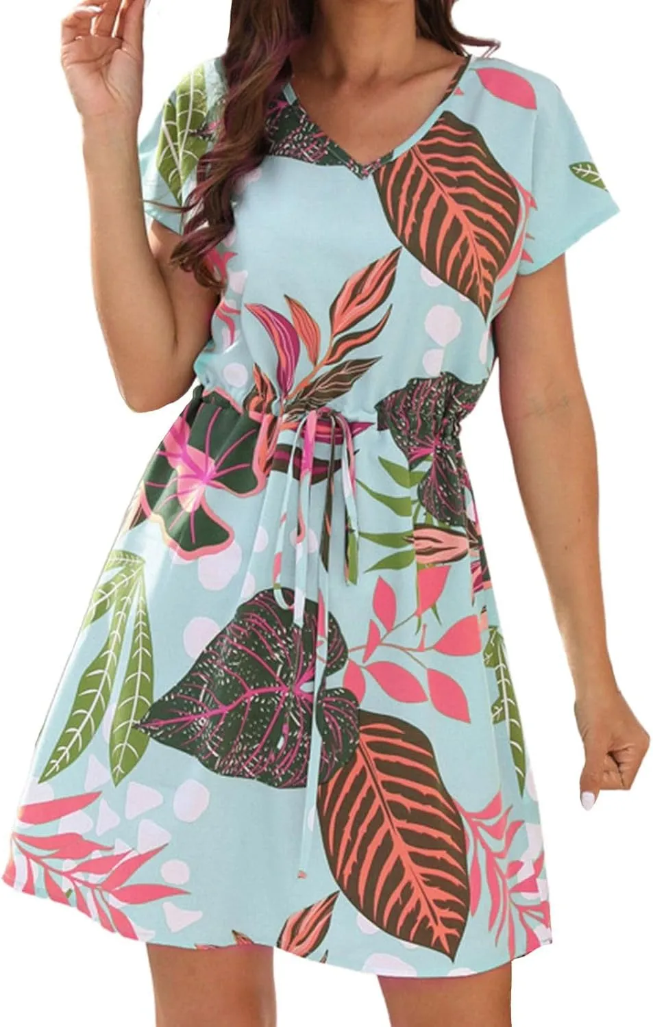 Women's Sundresses Summer 2024 Casual Fashion Floral Print Drawstring V-Neck Short Sleeve Mini Dress Boho Beach Dress