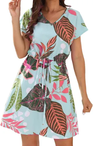 Women's Sundresses Summer 2024 Casual Fashion Floral Print Drawstring V-Neck Short Sleeve Mini Dress Boho Beach Dress