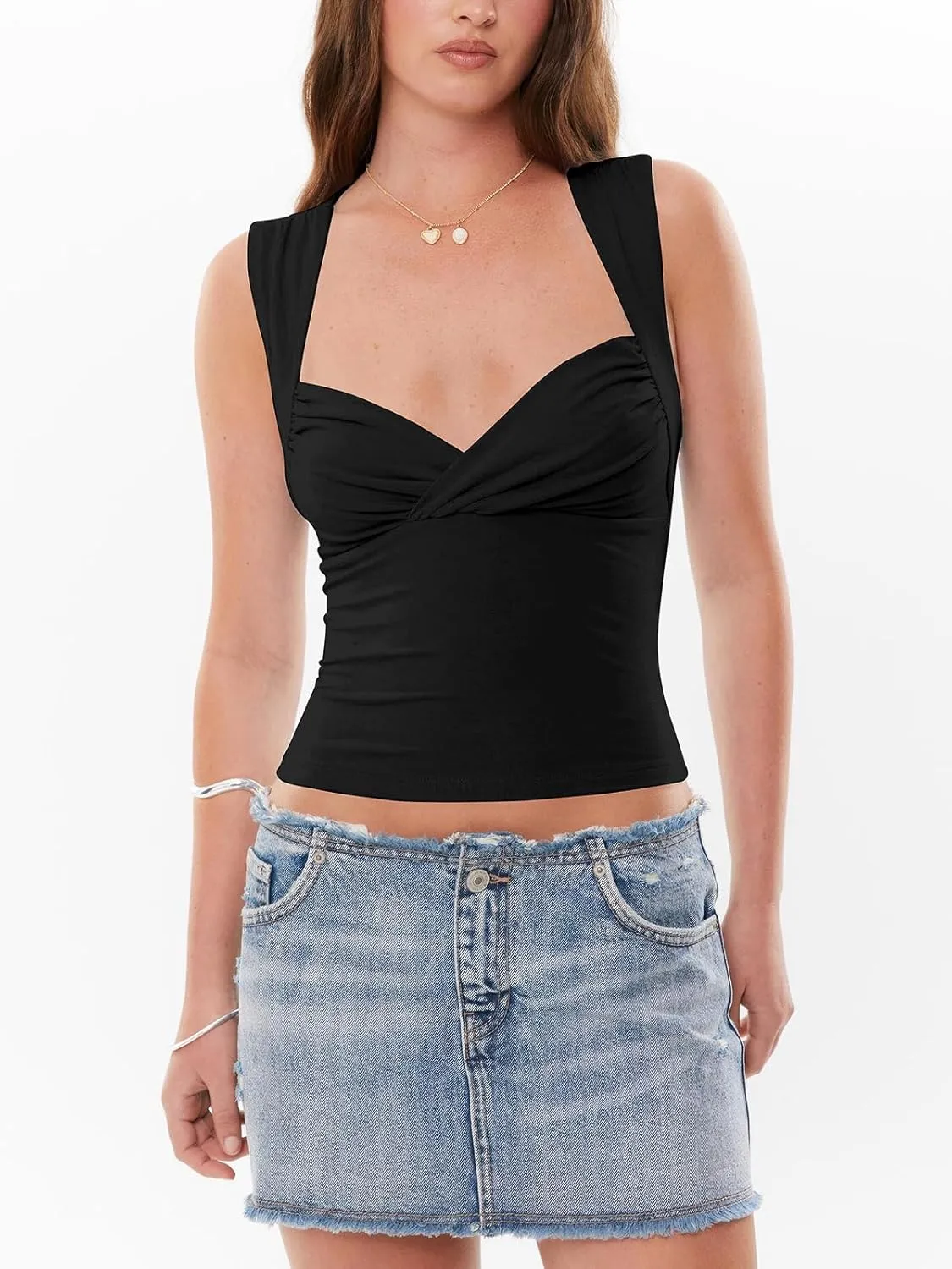 Women's Sweetheart Neck Tank Top Sleeveless Ruched Slim Fit Basic Cropped Going Out Tops