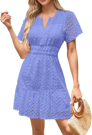 Women's Tie Shoulder Scallop Trim Mini Dress Eyelet V Neck A Line Casual Elegant Holiday Wedding Guest Party Dresses