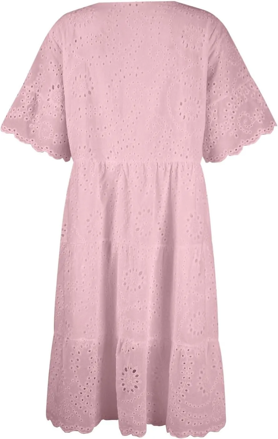 Women's Tie Shoulder Scallop Trim Mini Dress Eyelet V Neck A Line Casual Elegant Holiday Wedding Guest Party Dresses