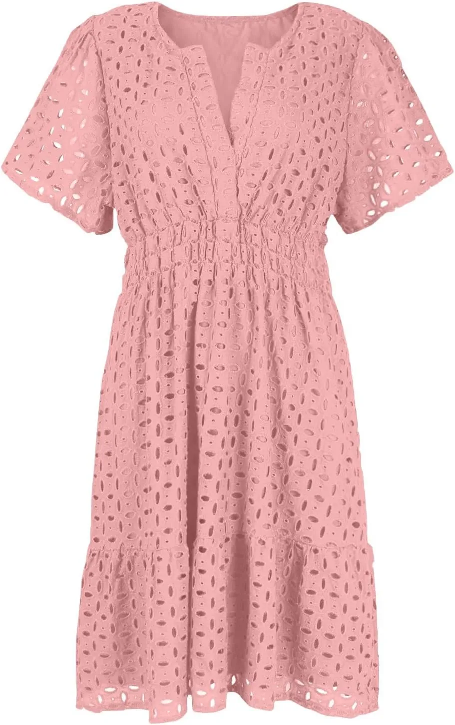 Women's Tie Shoulder Scallop Trim Mini Dress Eyelet V Neck A Line Casual Elegant Holiday Wedding Guest Party Dresses