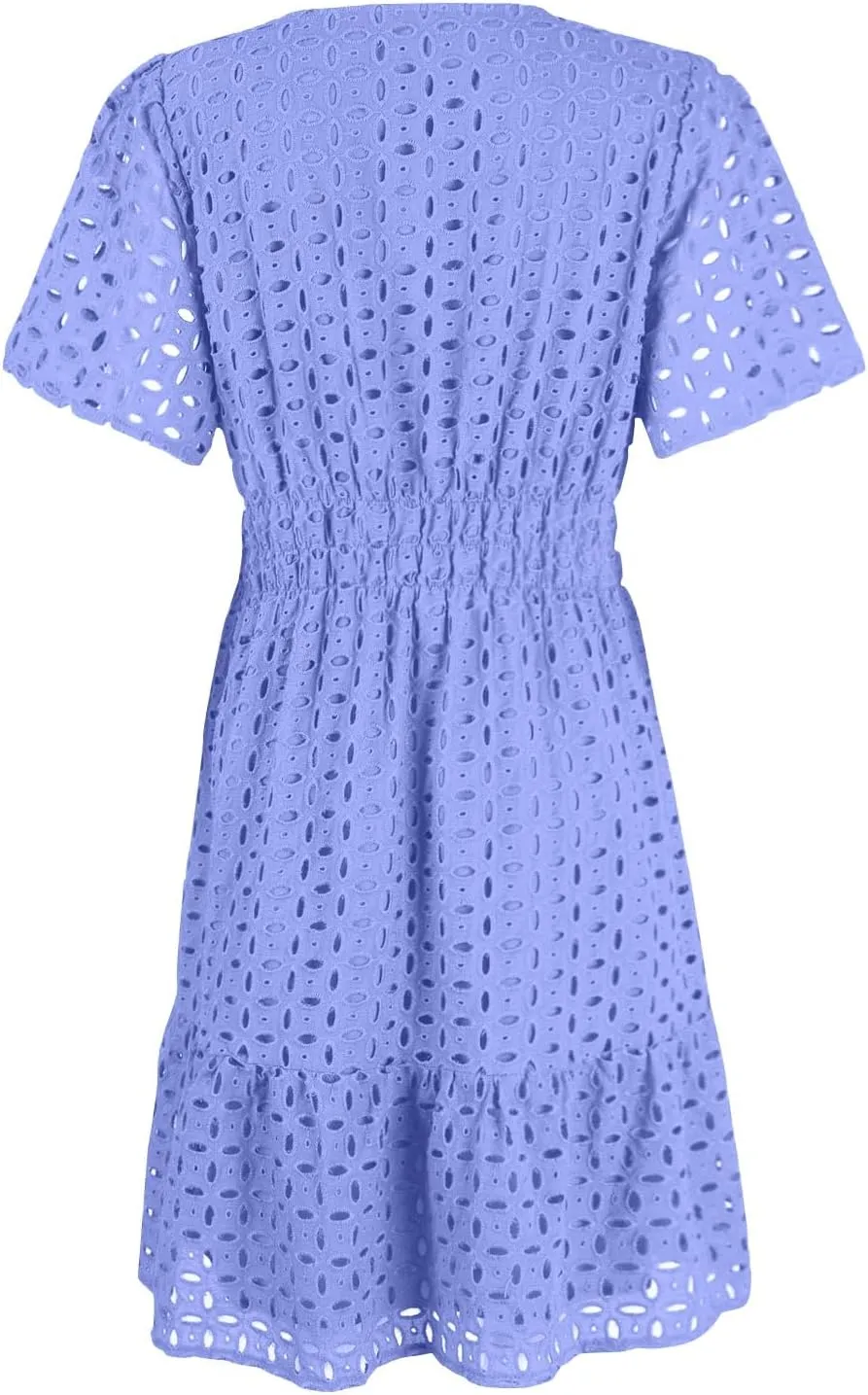 Women's Tie Shoulder Scallop Trim Mini Dress Eyelet V Neck A Line Casual Elegant Holiday Wedding Guest Party Dresses