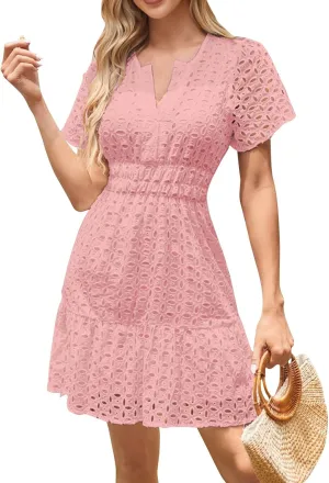 Women's Tie Shoulder Scallop Trim Mini Dress Eyelet V Neck A Line Casual Elegant Holiday Wedding Guest Party Dresses