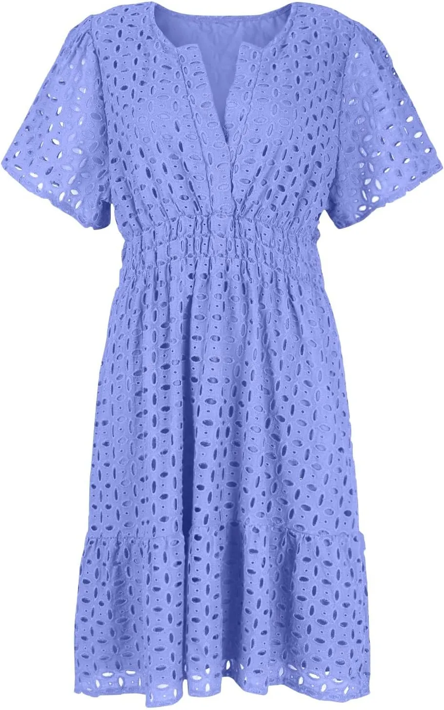Women's Tie Shoulder Scallop Trim Mini Dress Eyelet V Neck A Line Casual Elegant Holiday Wedding Guest Party Dresses