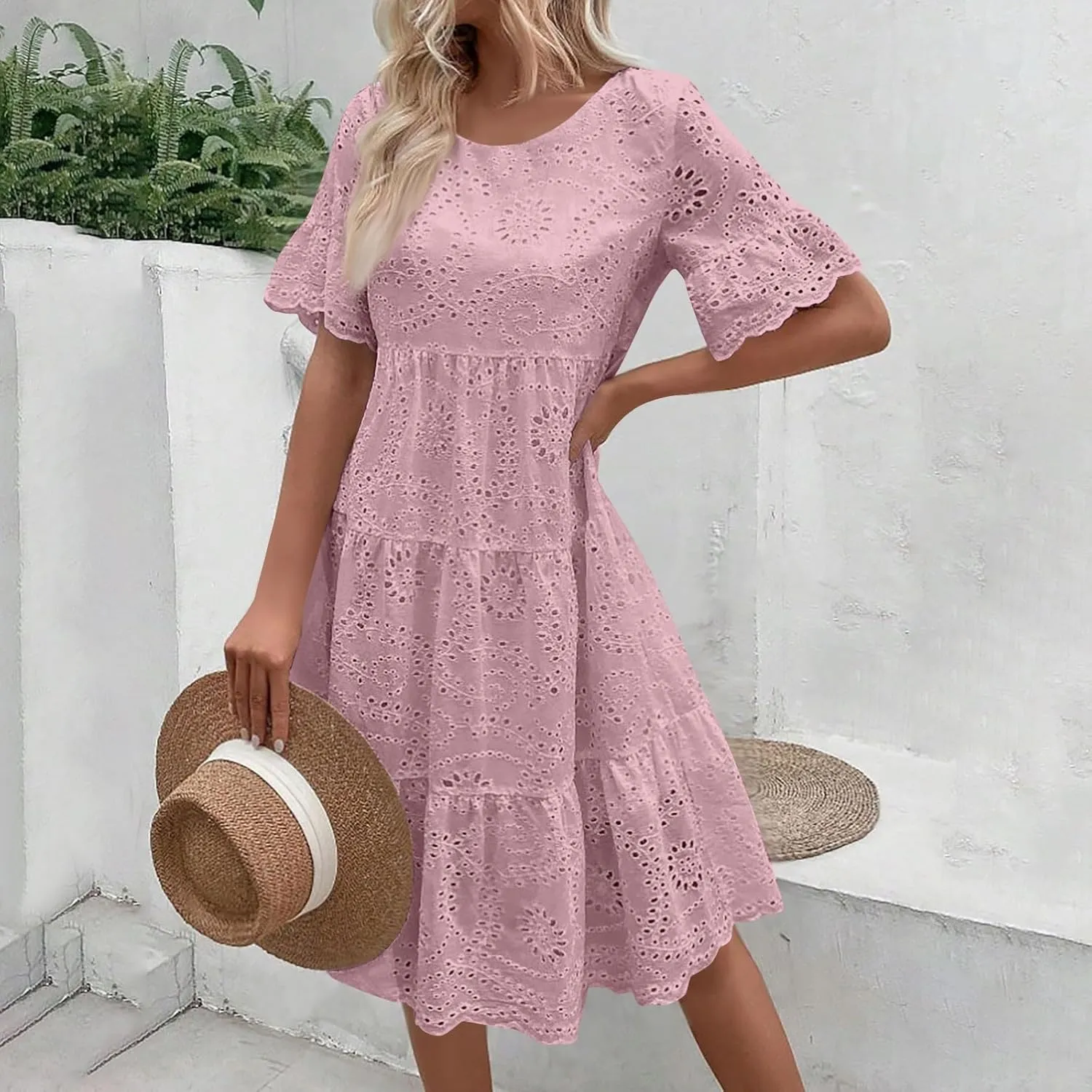 Women's Tie Shoulder Scallop Trim Mini Dress Eyelet V Neck A Line Casual Elegant Holiday Wedding Guest Party Dresses