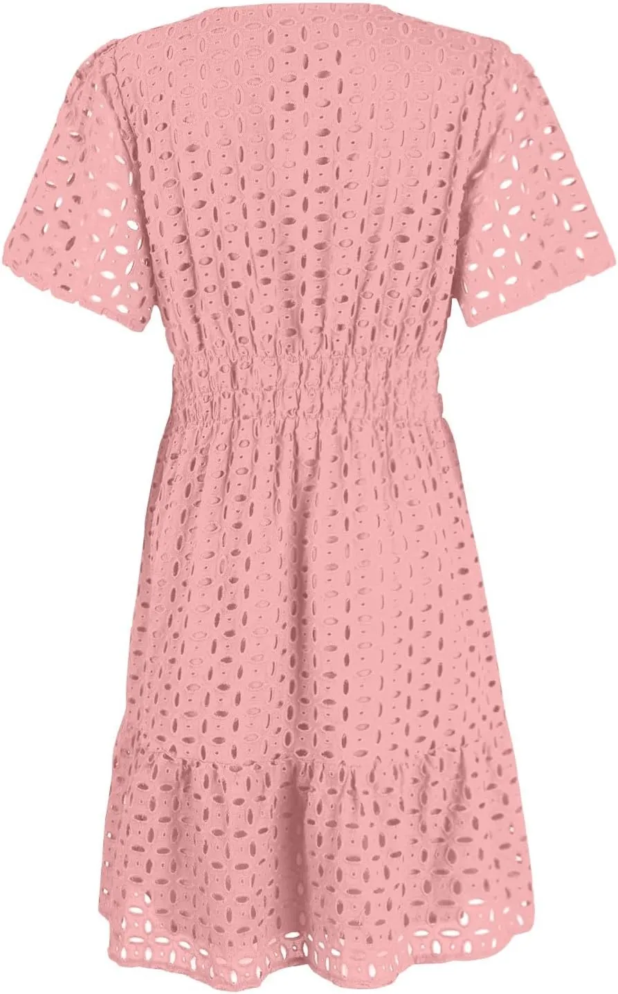 Women's Tie Shoulder Scallop Trim Mini Dress Eyelet V Neck A Line Casual Elegant Holiday Wedding Guest Party Dresses