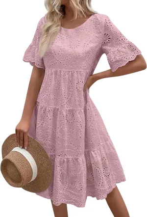 Women's Tie Shoulder Scallop Trim Mini Dress Eyelet V Neck A Line Casual Elegant Holiday Wedding Guest Party Dresses