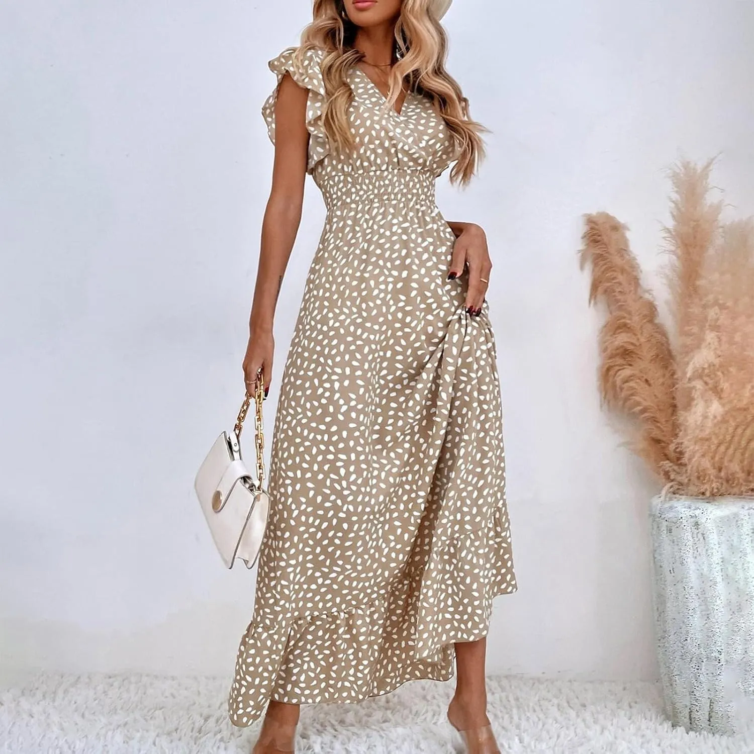 Womens V Neck Flutter Sleeve Boho Floral Midi Dress Summer Wedding Guest Beach Party Long Flowy Dresses with Belt