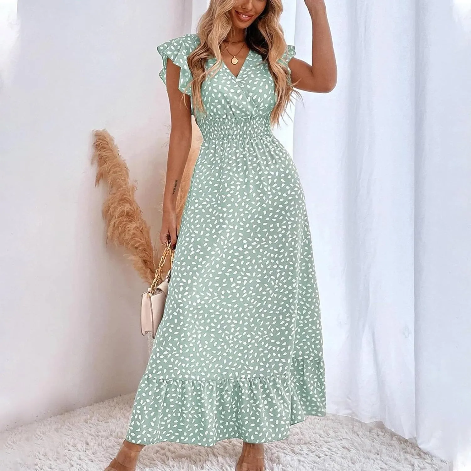 Womens V Neck Flutter Sleeve Boho Floral Midi Dress Summer Wedding Guest Beach Party Long Flowy Dresses with Belt