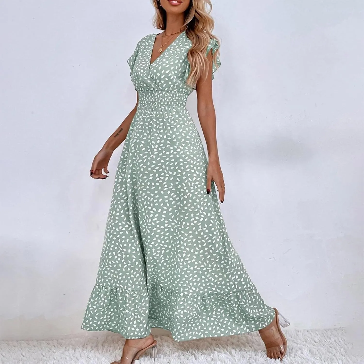 Womens V Neck Flutter Sleeve Boho Floral Midi Dress Summer Wedding Guest Beach Party Long Flowy Dresses with Belt