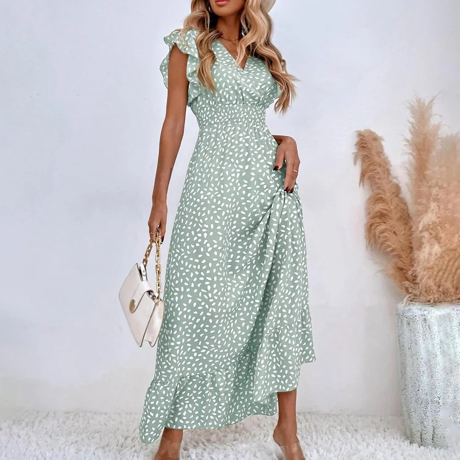 Womens V Neck Flutter Sleeve Boho Floral Midi Dress Summer Wedding Guest Beach Party Long Flowy Dresses with Belt