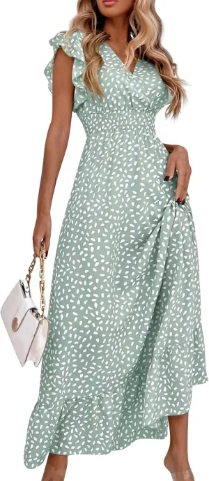 Womens V Neck Flutter Sleeve Boho Floral Midi Dress Summer Wedding Guest Beach Party Long Flowy Dresses with Belt