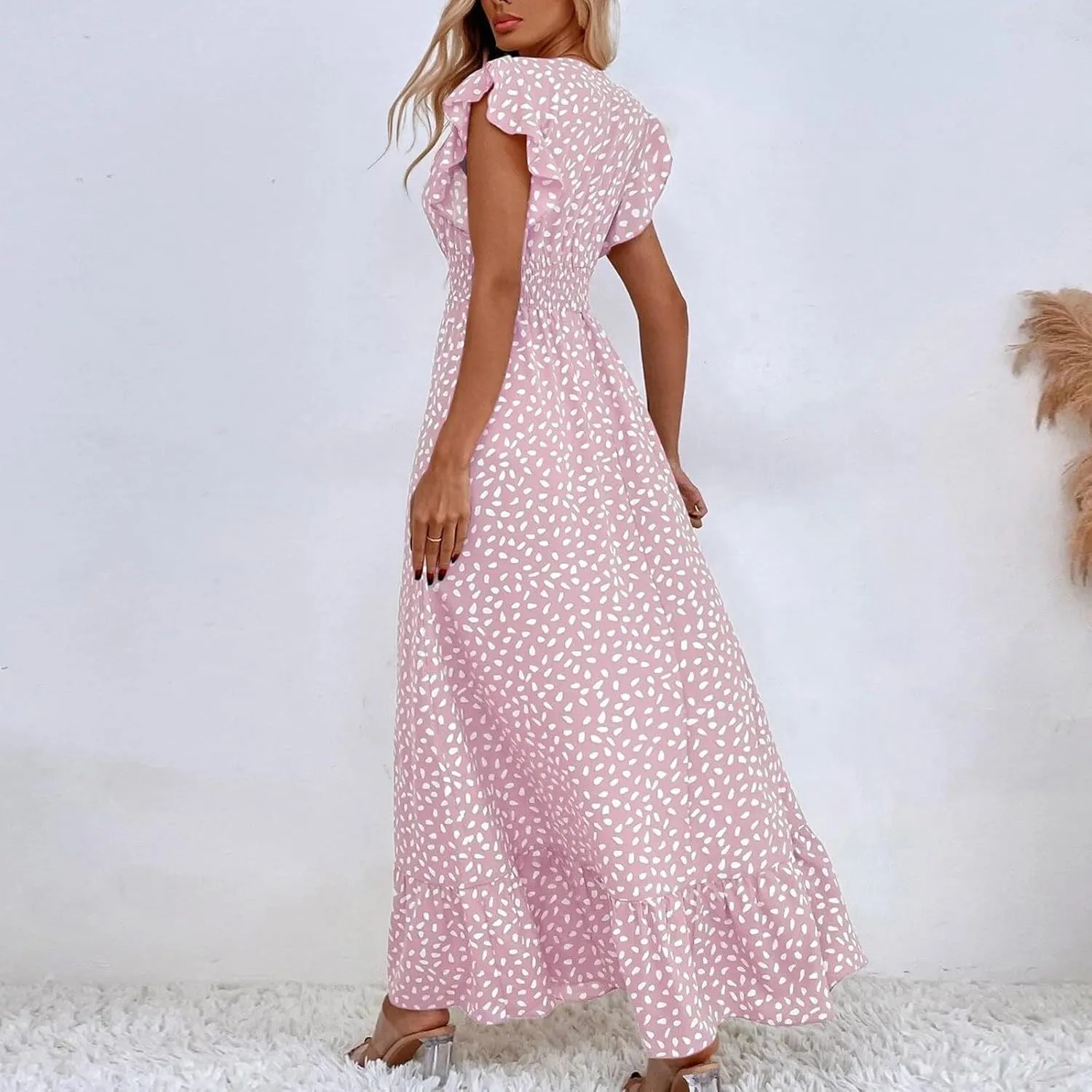 Womens V Neck Flutter Sleeve Boho Floral Midi Dress Summer Wedding Guest Beach Party Long Flowy Dresses with Belt