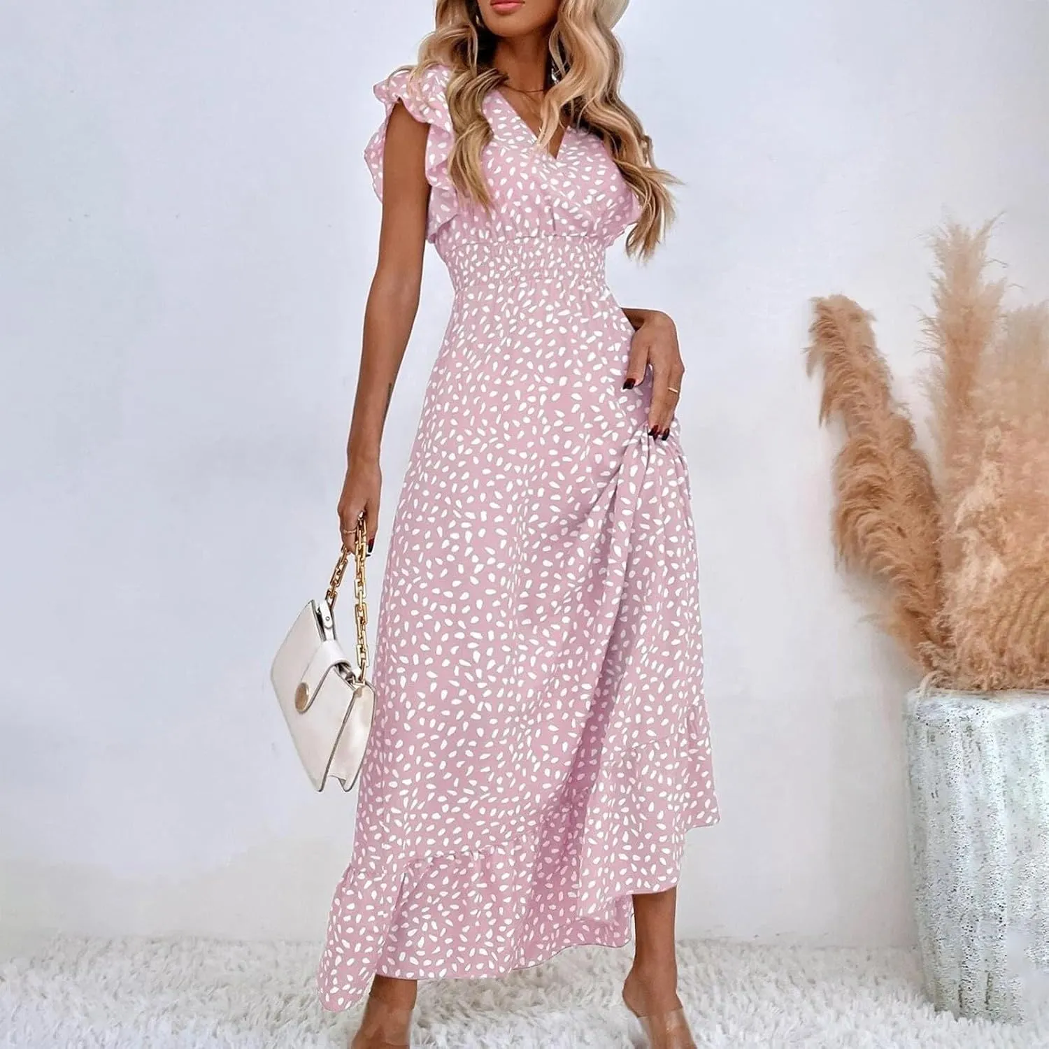 Womens V Neck Flutter Sleeve Boho Floral Midi Dress Summer Wedding Guest Beach Party Long Flowy Dresses with Belt
