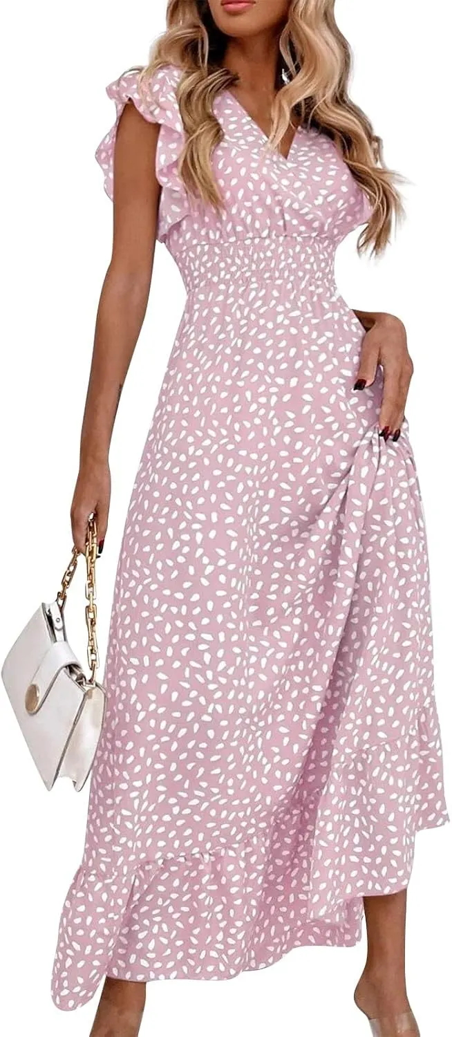 Womens V Neck Flutter Sleeve Boho Floral Midi Dress Summer Wedding Guest Beach Party Long Flowy Dresses with Belt