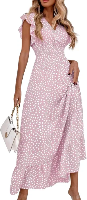 Womens V Neck Flutter Sleeve Boho Floral Midi Dress Summer Wedding Guest Beach Party Long Flowy Dresses with Belt