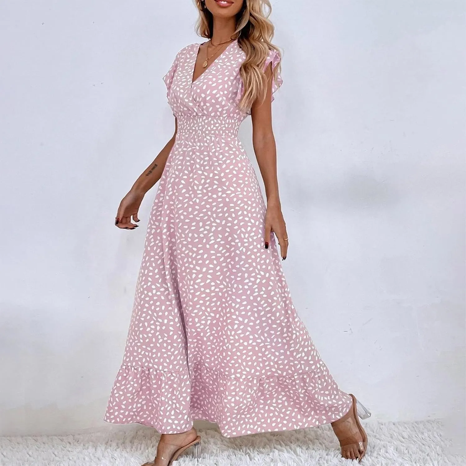 Womens V Neck Flutter Sleeve Boho Floral Midi Dress Summer Wedding Guest Beach Party Long Flowy Dresses with Belt