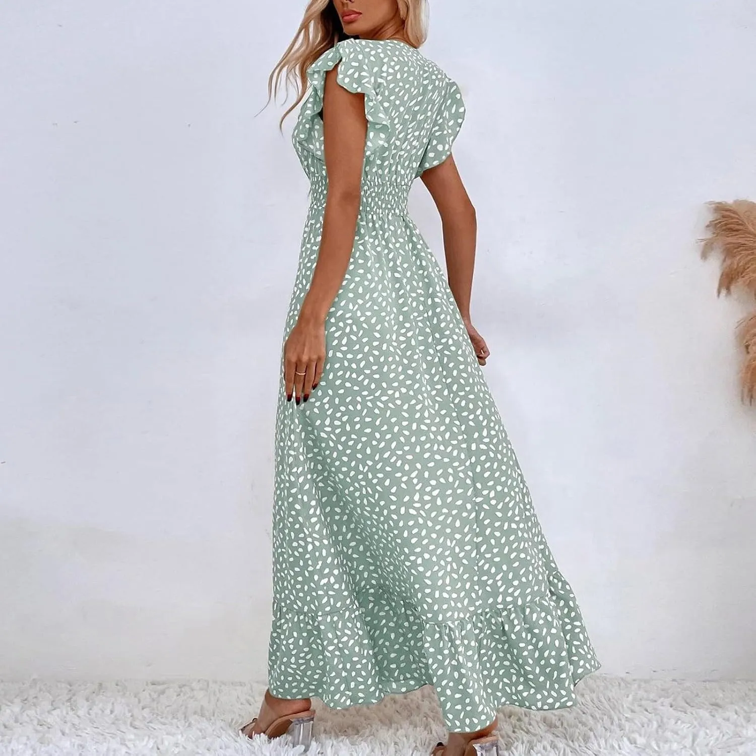 Womens V Neck Flutter Sleeve Boho Floral Midi Dress Summer Wedding Guest Beach Party Long Flowy Dresses with Belt