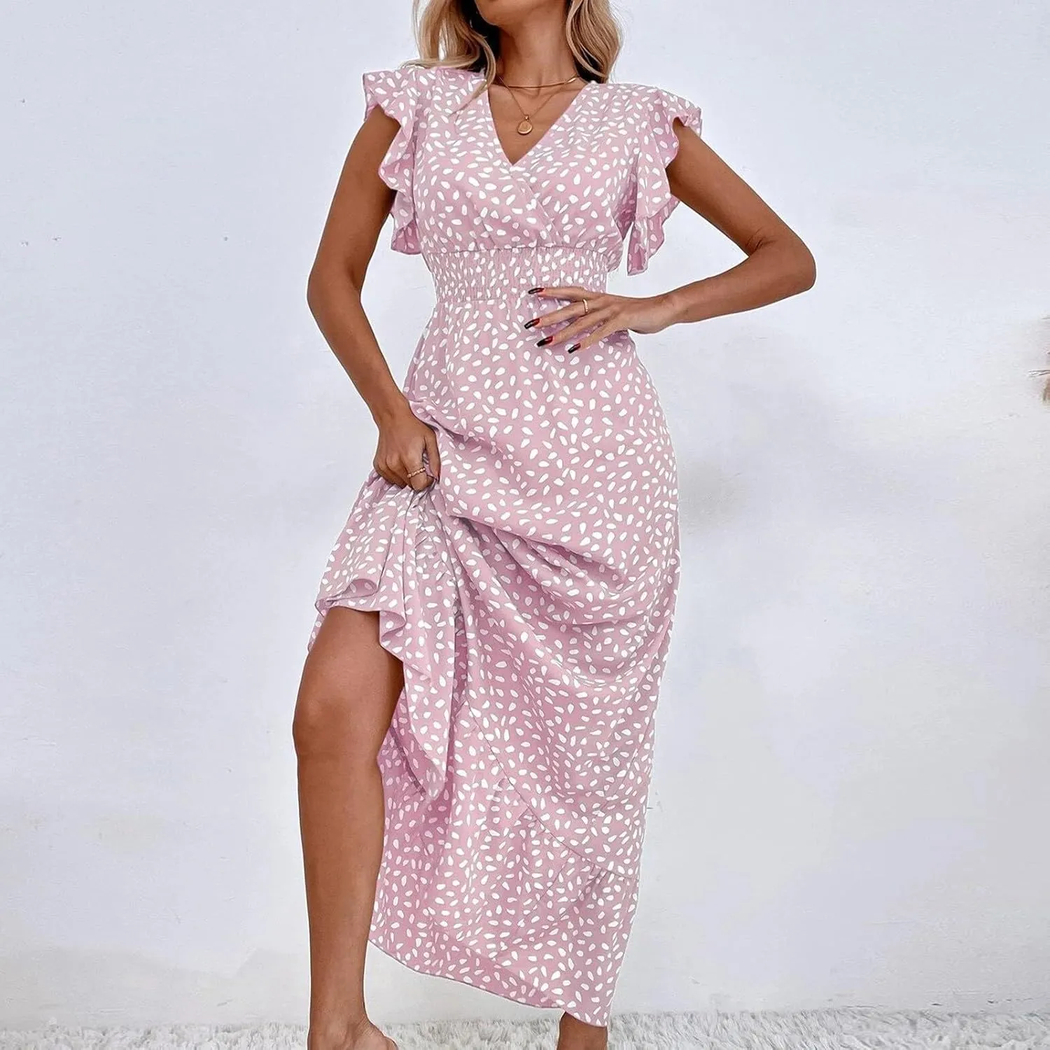 Womens V Neck Flutter Sleeve Boho Floral Midi Dress Summer Wedding Guest Beach Party Long Flowy Dresses with Belt
