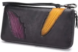 Women's Wallet Genuine Leather Zip Around Wristlet Long Purse Vintage Embossing Cowhide Capacity Handmade Clutch(Darkgrey)