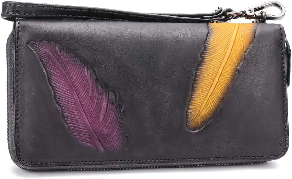 Women's Wallet Genuine Leather Zip Around Wristlet Long Purse Vintage Embossing Cowhide Capacity Handmade Clutch(Darkgrey)