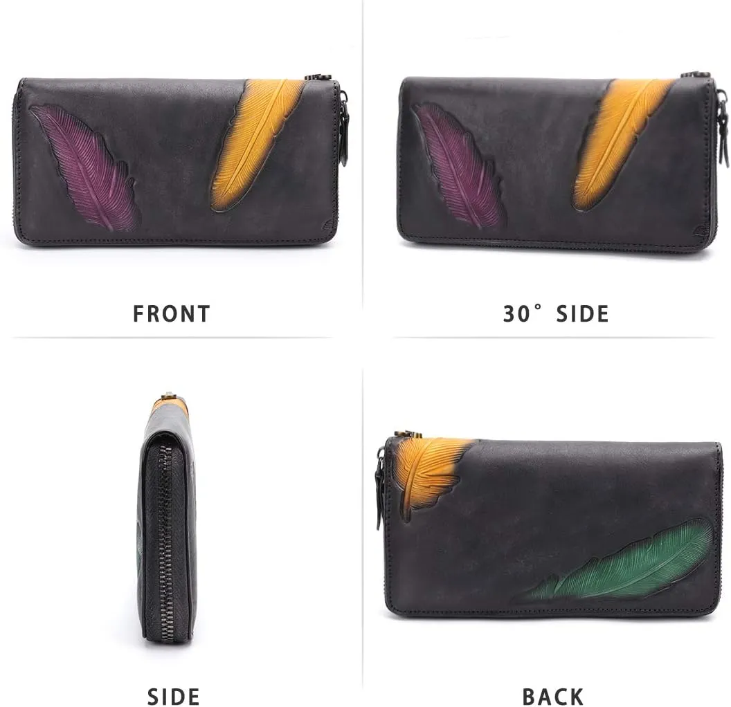 Women's Wallet Genuine Leather Zip Around Wristlet Long Purse Vintage Embossing Cowhide Capacity Handmade Clutch(Darkgrey)