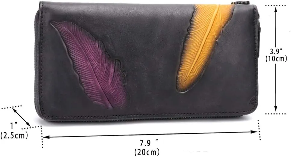 Women's Wallet Genuine Leather Zip Around Wristlet Long Purse Vintage Embossing Cowhide Capacity Handmade Clutch(Darkgrey)