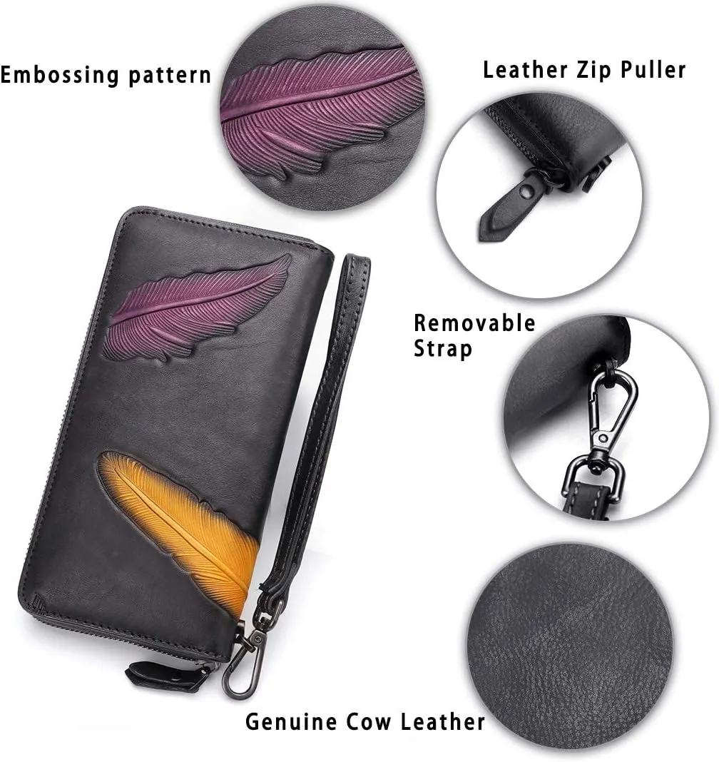 Women's Wallet Genuine Leather Zip Around Wristlet Long Purse Vintage Embossing Cowhide Capacity Handmade Clutch(Darkgrey)