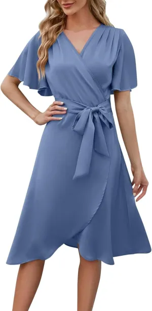 Women's Wedding Guest Dress Wrap V Neck Tiered Belted Short Flared Sleeve Boho Floral Print Dress for Graduation