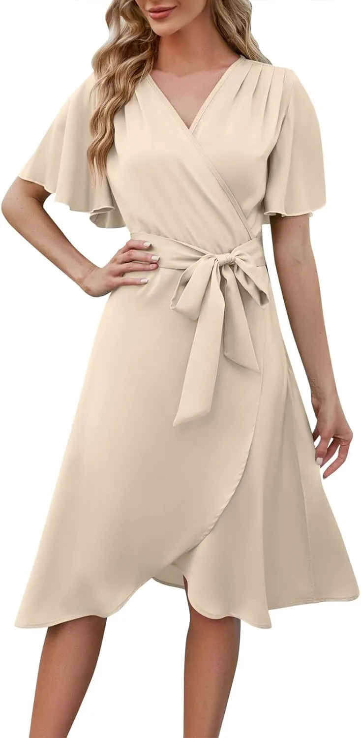 Women's Wedding Guest Dress Wrap V Neck Tiered Belted Short Flared Sleeve Boho Floral Print Dress for Graduation
