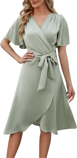Women's Wedding Guest Dress Wrap V Neck Tiered Belted Short Flared Sleeve Boho Floral Print Dress for Graduation