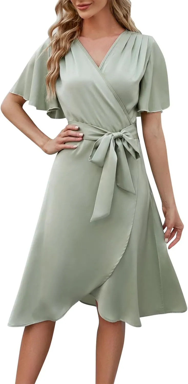 Women's Wedding Guest Dress Wrap V Neck Tiered Belted Short Flared Sleeve Boho Floral Print Dress for Graduation