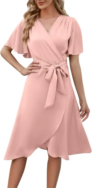 Women's Wedding Guest Dress Wrap V Neck Tiered Belted Short Flared Sleeve Boho Floral Print Dress for Graduation