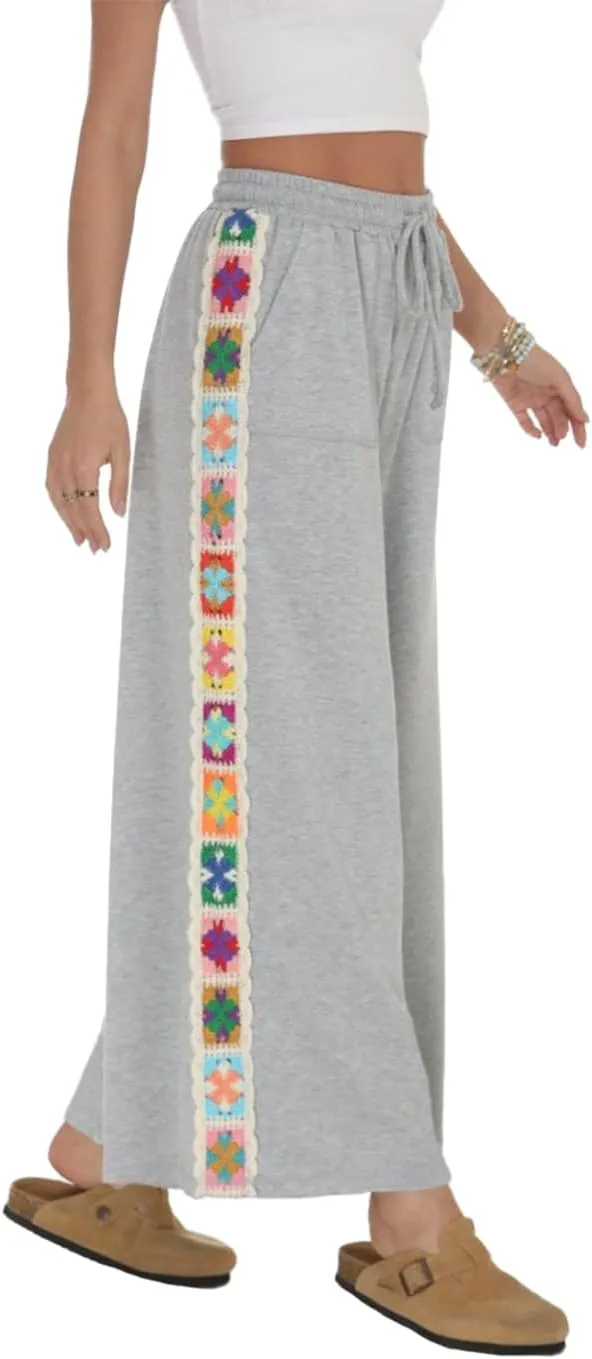 Womens Wide Leg Pants Stretch Casual Drawstring Waist Loose Lounge Sweatpants Crochet Panel Pant with Pocket