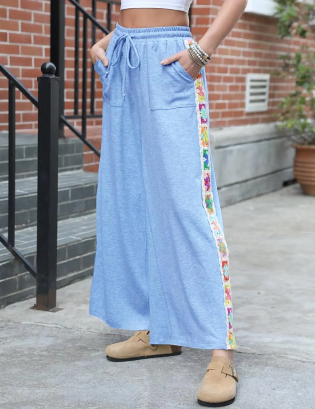 Womens Wide Leg Pants Stretch Casual Drawstring Waist Loose Lounge Sweatpants Crochet Panel Pant with Pocket