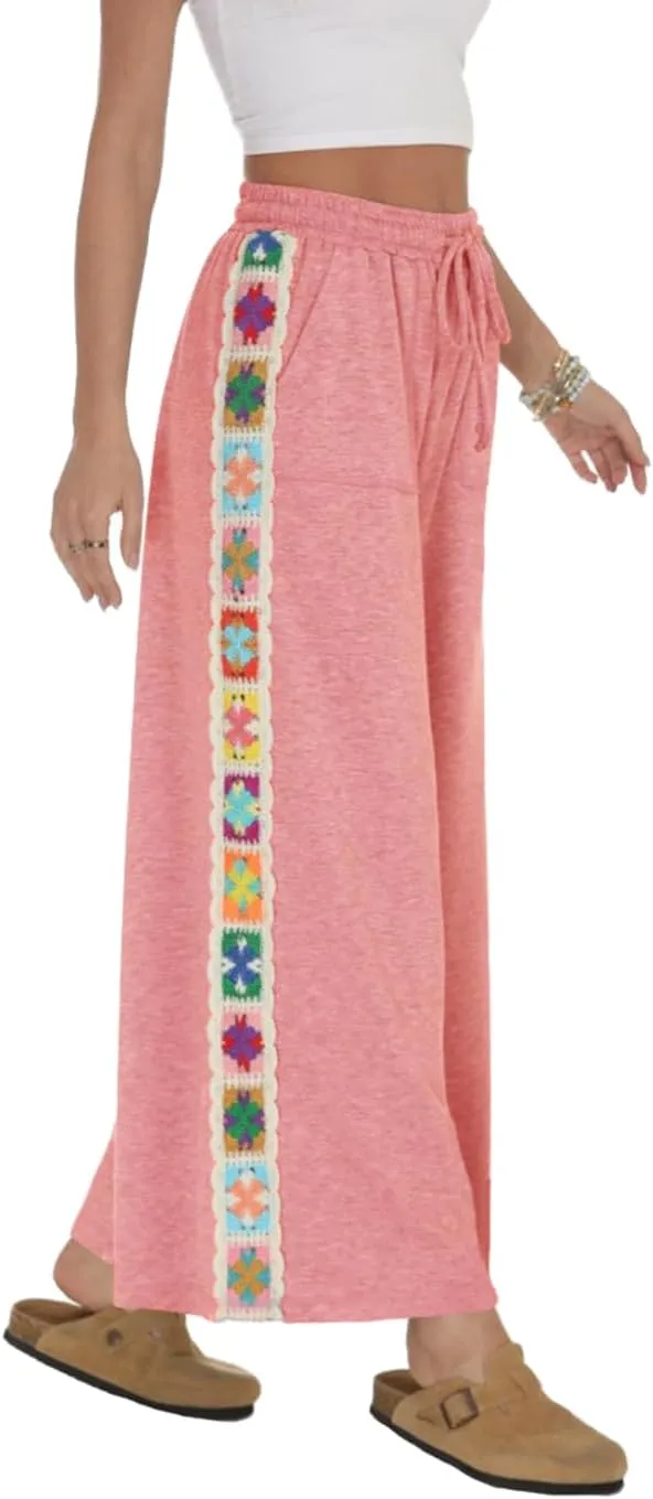 Womens Wide Leg Pants Stretch Casual Drawstring Waist Loose Lounge Sweatpants Crochet Panel Pant with Pocket