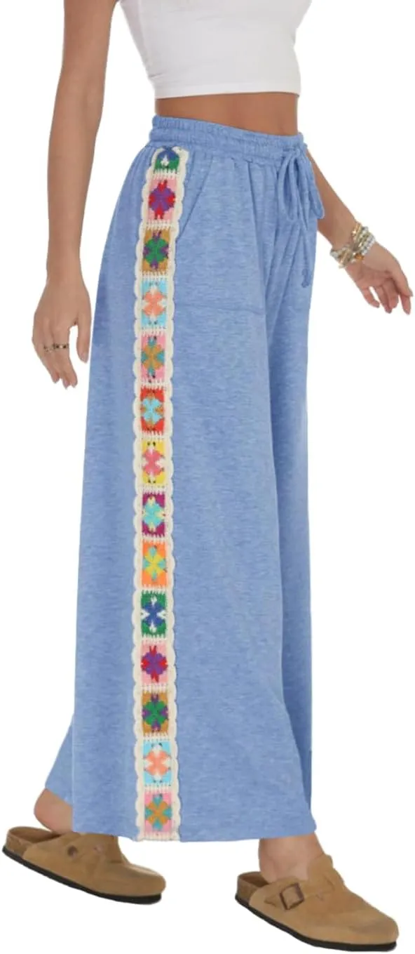 Womens Wide Leg Pants Stretch Casual Drawstring Waist Loose Lounge Sweatpants Crochet Panel Pant with Pocket