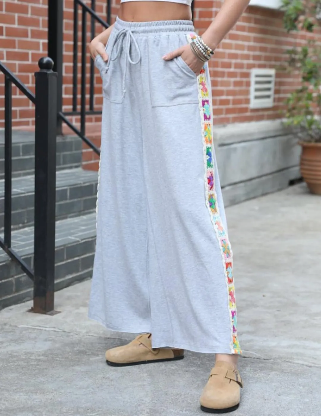 Womens Wide Leg Pants Stretch Casual Drawstring Waist Loose Lounge Sweatpants Crochet Panel Pant with Pocket