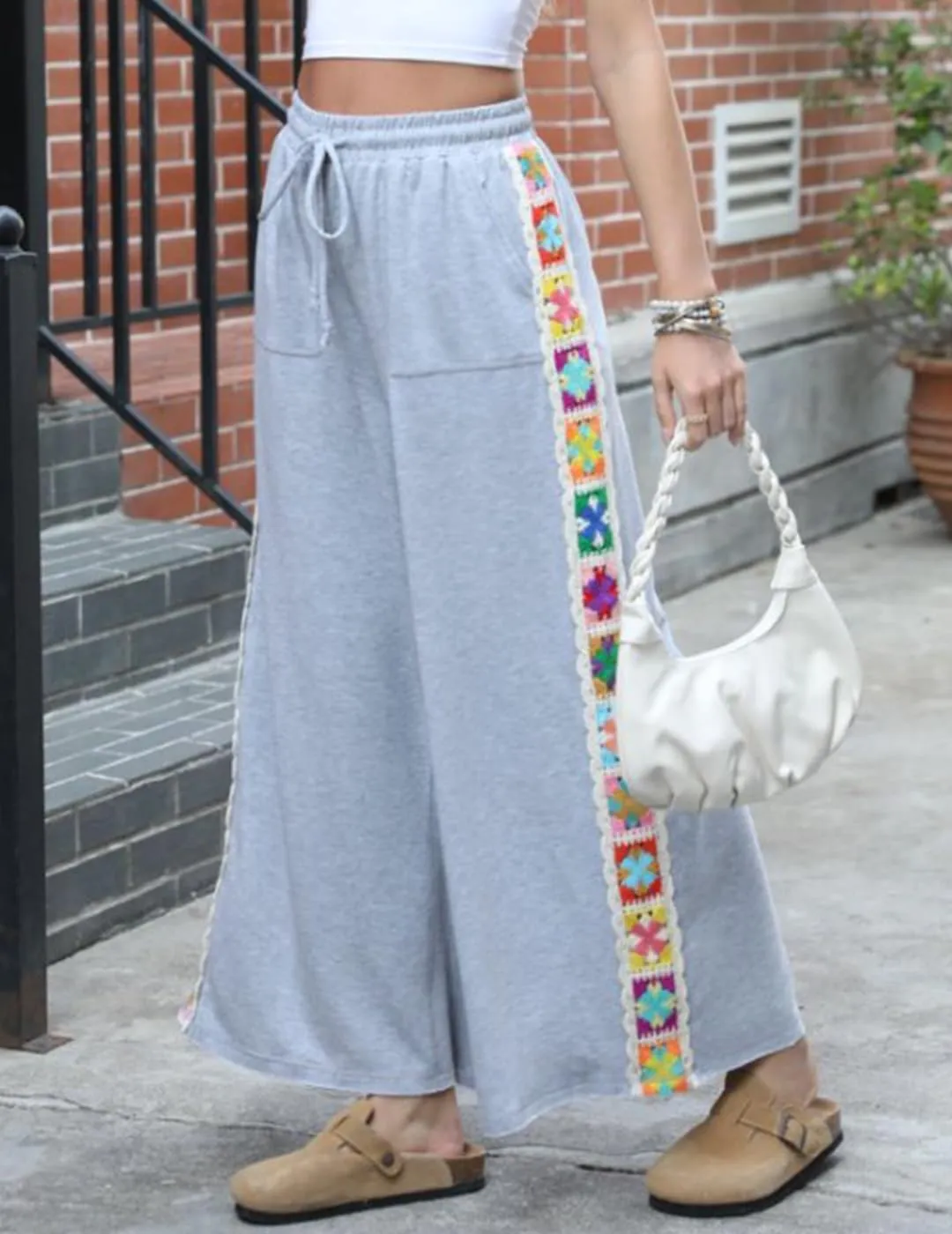 Womens Wide Leg Pants Stretch Casual Drawstring Waist Loose Lounge Sweatpants Crochet Panel Pant with Pocket