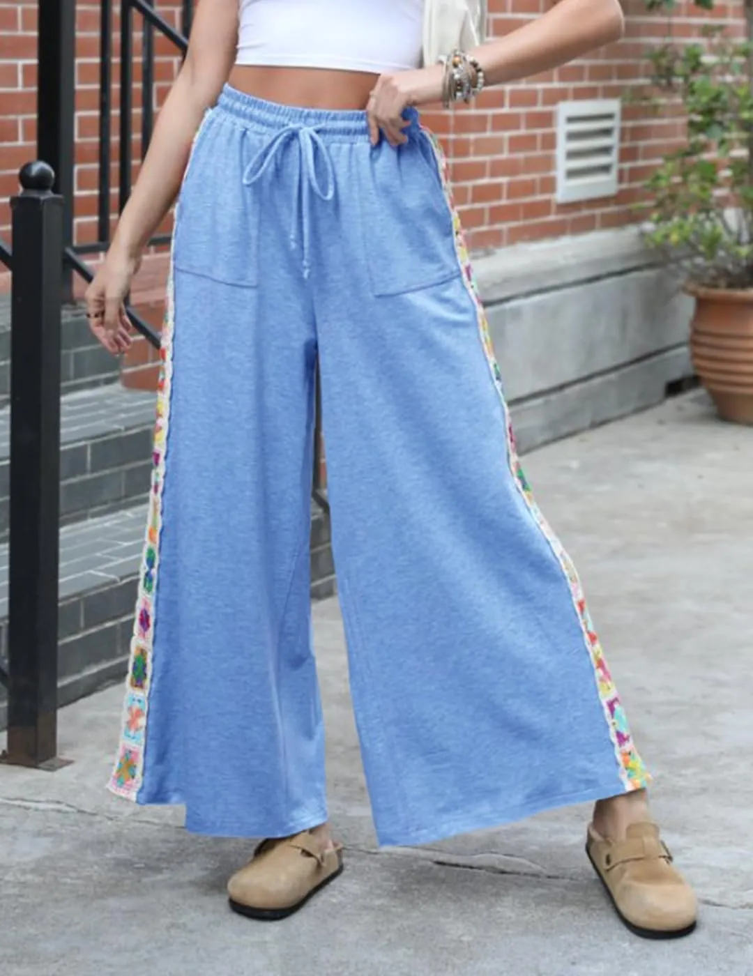 Womens Wide Leg Pants Stretch Casual Drawstring Waist Loose Lounge Sweatpants Crochet Panel Pant with Pocket