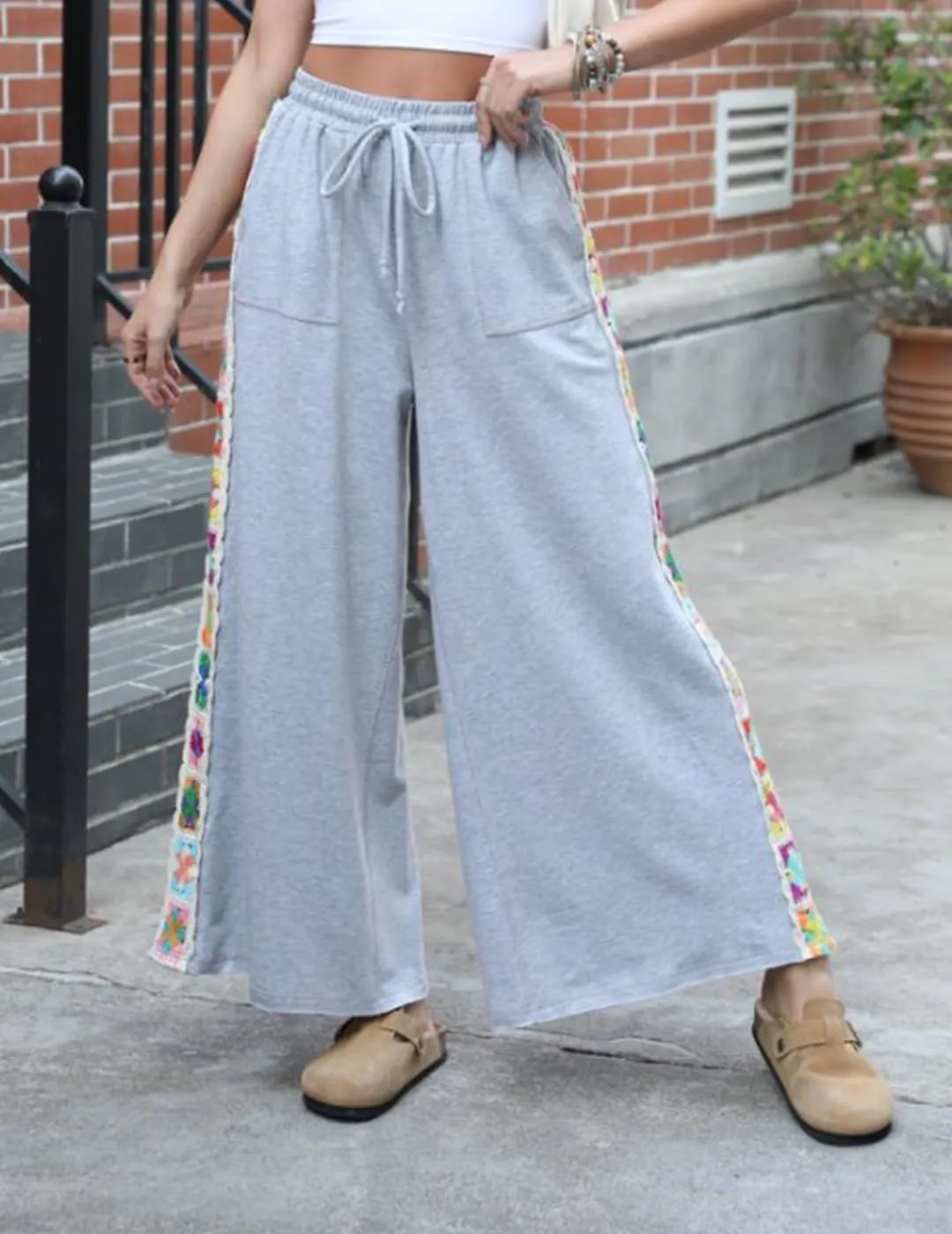 Womens Wide Leg Pants Stretch Casual Drawstring Waist Loose Lounge Sweatpants Crochet Panel Pant with Pocket