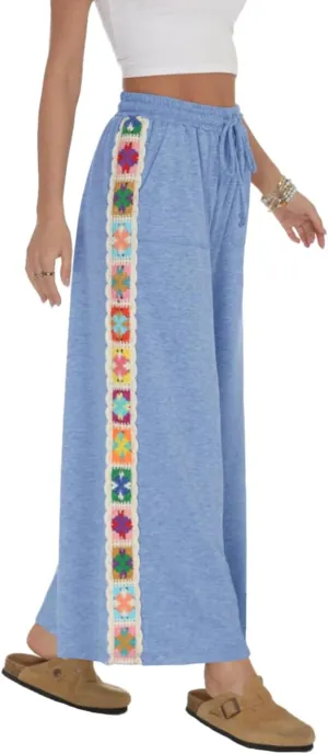 Womens Wide Leg Pants Stretch Casual Drawstring Waist Loose Lounge Sweatpants Crochet Panel Pant with Pocket