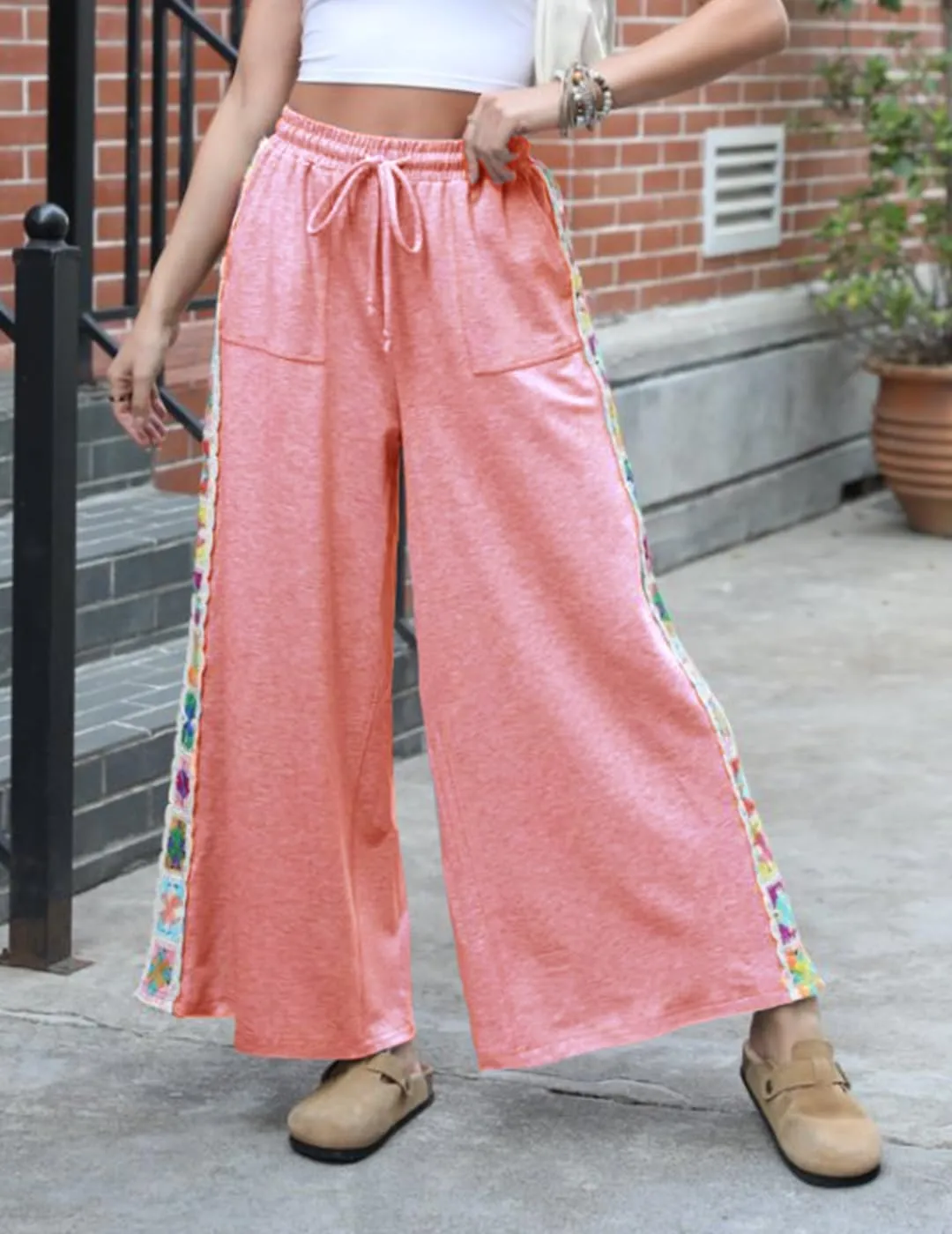 Womens Wide Leg Pants Stretch Casual Drawstring Waist Loose Lounge Sweatpants Crochet Panel Pant with Pocket