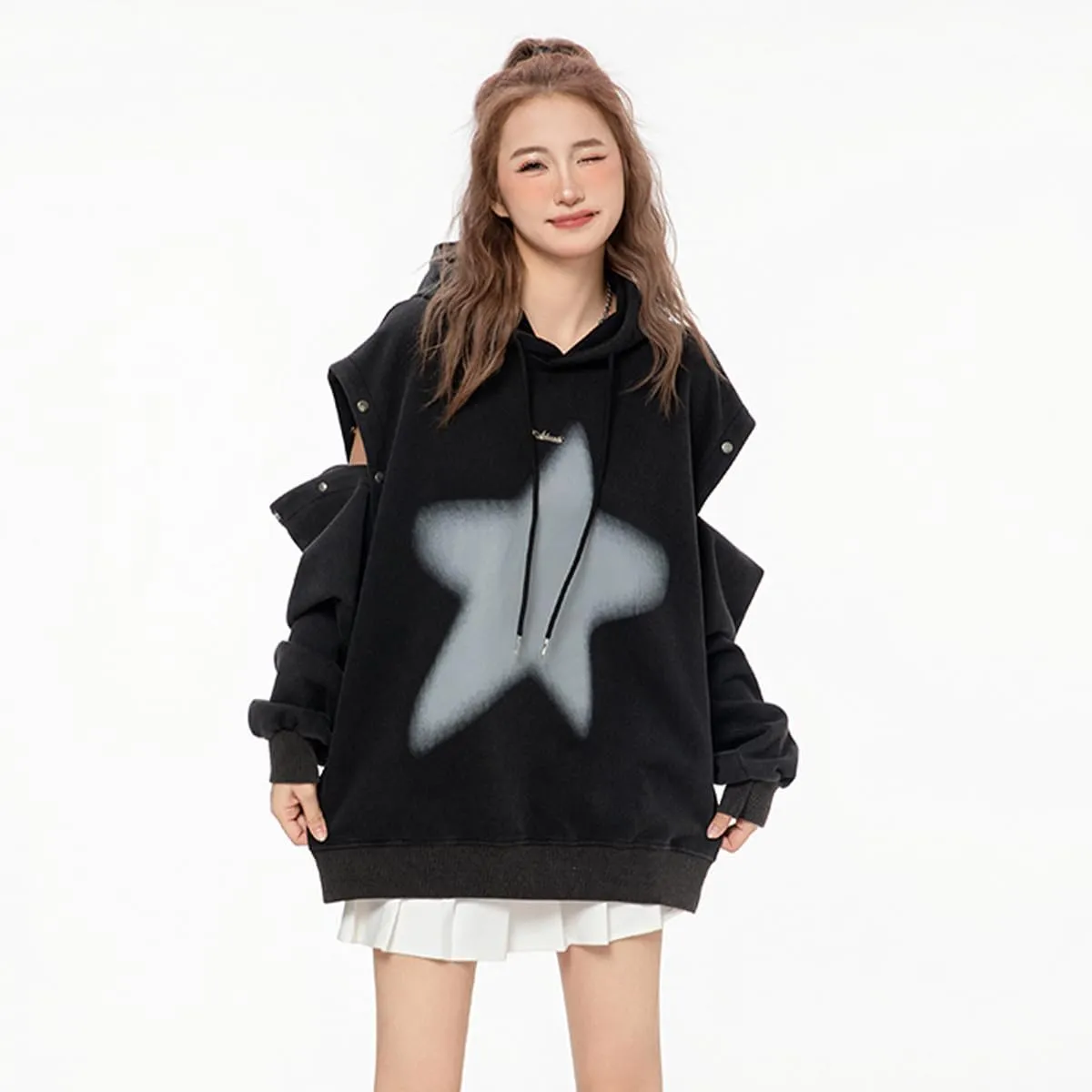 Women's Y2K Sweatshirt Fairy Grunge Loose Pullover Hoodie Vintage Altnertive Detachable Long-Sleeved Oversized Clothing