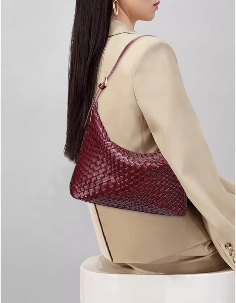 Woven Shoulder Purse Woven Tote Bag for Women Vegan Leather Slouchy Hobo Shoulder Handbags Braided Underarm Purses