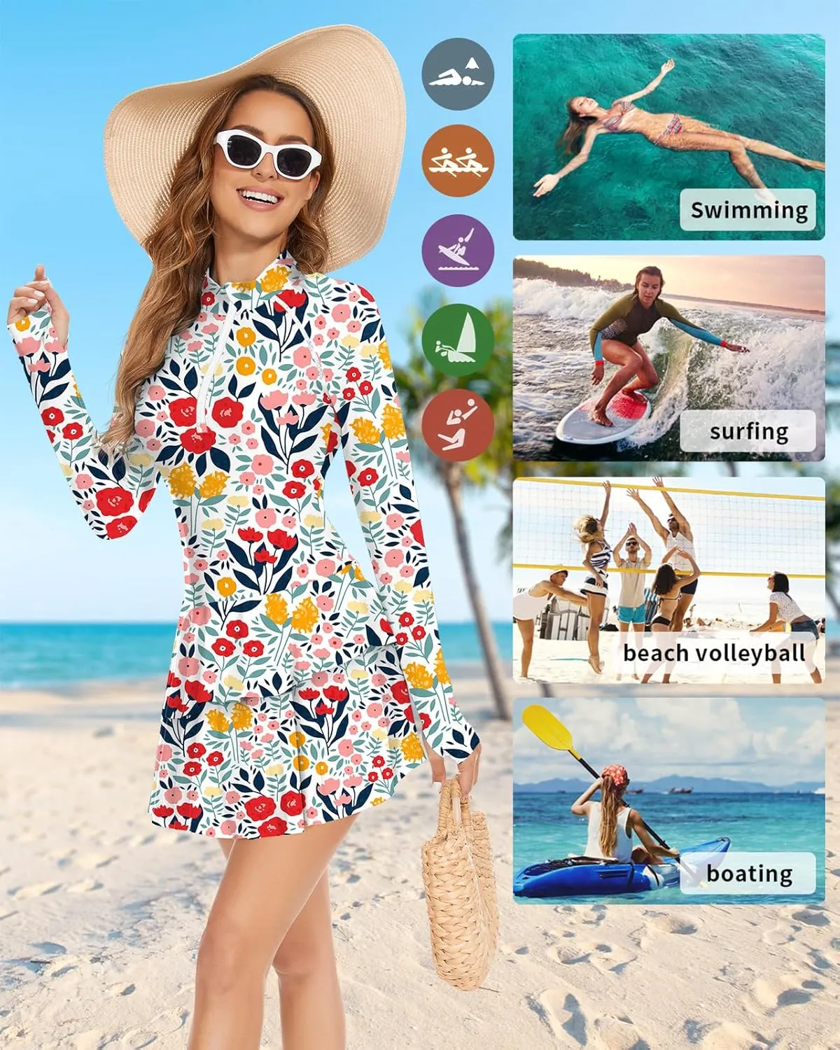 WOWENY 2 Piece Long Sleeve Rash Guard Set Long Sleeve Swimsuit with Built-in Bra Zip Front Swim Shirt Dress with Shorts