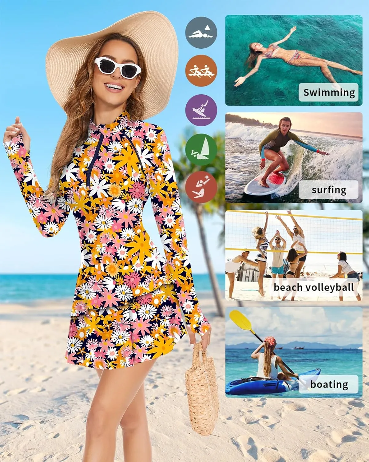 WOWENY 2 Piece Long Sleeve Rash Guard Set Long Sleeve Swimsuit with Built-in Bra Zip Front Swim Shirt Dress with Shorts